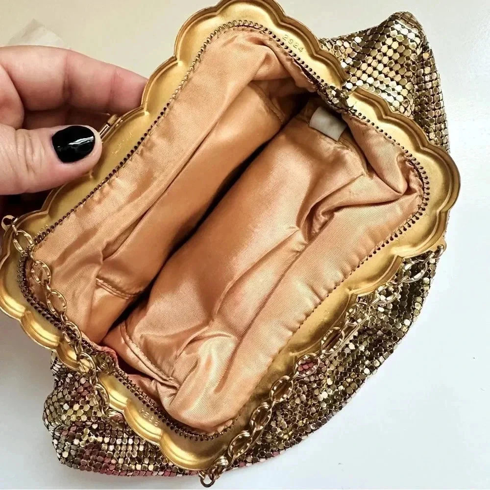 Whiting & Davis Co Vintage Golden Mesh Bag With Rhinestone/Jeweled Clasp